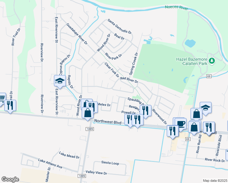 map of restaurants, bars, coffee shops, grocery stores, and more near 14833 Red River Drive in Corpus Christi