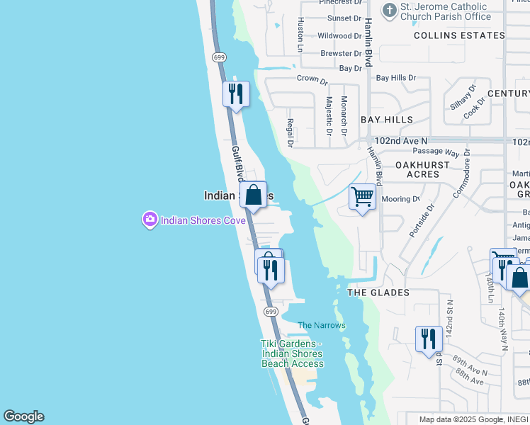 map of restaurants, bars, coffee shops, grocery stores, and more near 19831 Gulf Boulevard in Indian Shores