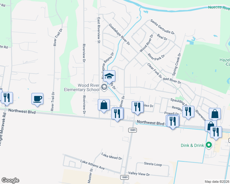 map of restaurants, bars, coffee shops, grocery stores, and more near 4132 Rapids Drive in Corpus Christi
