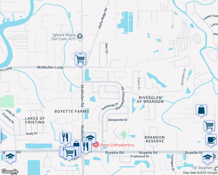 map of restaurants, bars, coffee shops, grocery stores, and more near 9319 Sunnyoak Drive in Riverview
