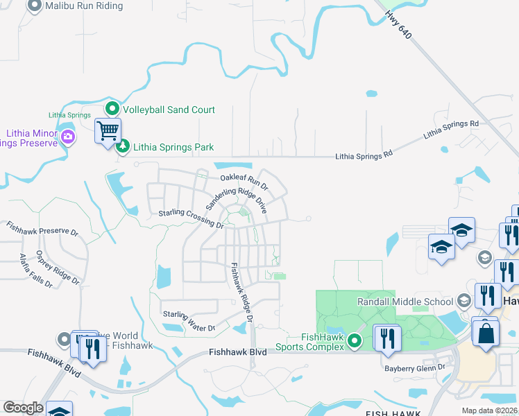 map of restaurants, bars, coffee shops, grocery stores, and more near 5012 Sanderling Ridge Drive in Lithia