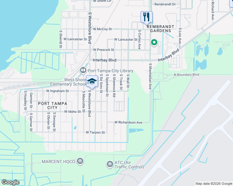 map of restaurants, bars, coffee shops, grocery stores, and more near 7109 South Shamrock Road in Tampa