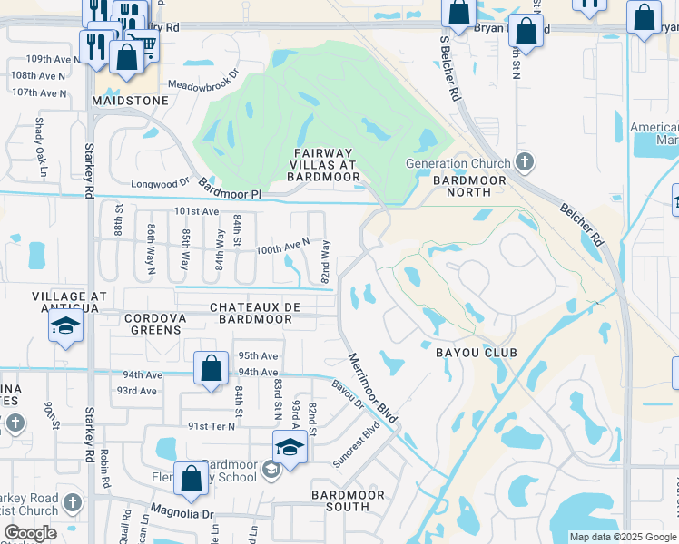 map of restaurants, bars, coffee shops, grocery stores, and more near 8303 Bardmoor Boulevard in Seminole
