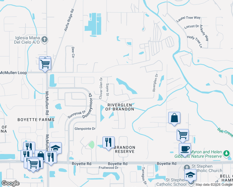 map of restaurants, bars, coffee shops, grocery stores, and more near 12426 Windmill Cove Drive in Riverview