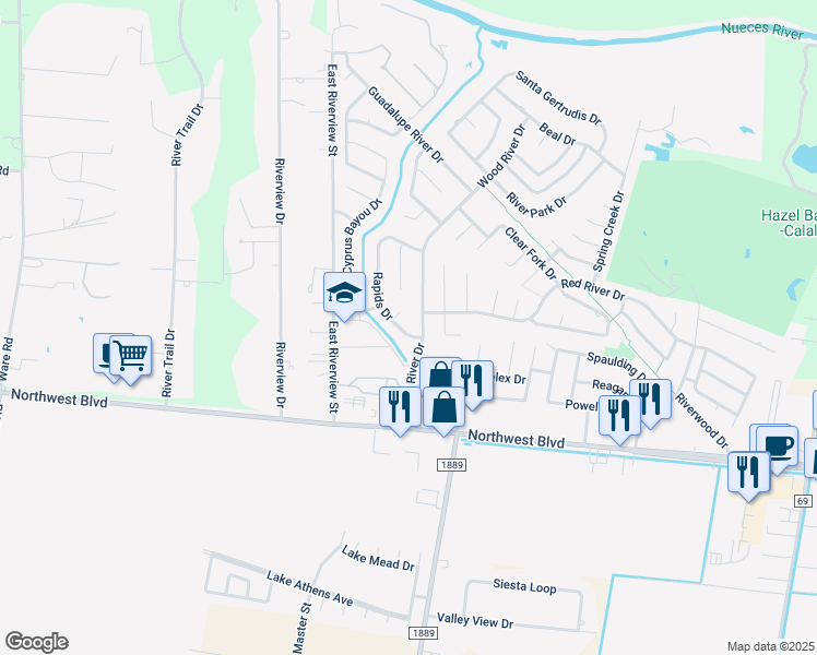 map of restaurants, bars, coffee shops, grocery stores, and more near 4110 Rapids Drive in Corpus Christi