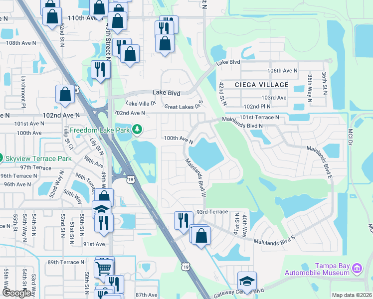 map of restaurants, bars, coffee shops, grocery stores, and more near 9875 Mainlands Boulevard West in Pinellas Park