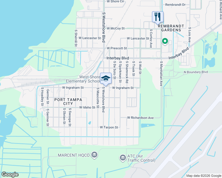map of restaurants, bars, coffee shops, grocery stores, and more near 7111 South De Soto Street in Tampa