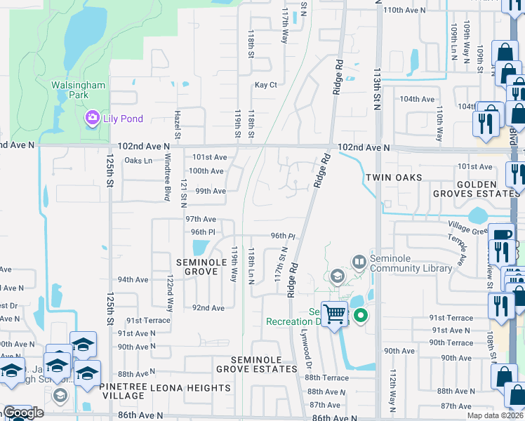 map of restaurants, bars, coffee shops, grocery stores, and more near 9897 Ashley Drive in Seminole