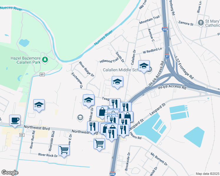 map of restaurants, bars, coffee shops, grocery stores, and more near 13656 Teague Lane in Corpus Christi