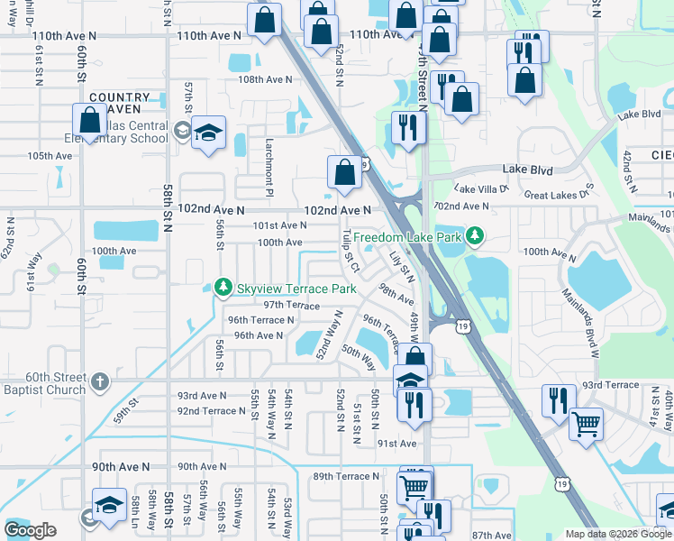 map of restaurants, bars, coffee shops, grocery stores, and more near 5205 98th Terrace in Pinellas Park