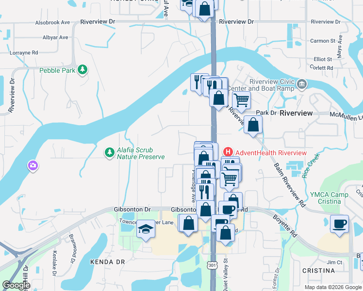 map of restaurants, bars, coffee shops, grocery stores, and more near 9229 River Rock Lane in Riverview