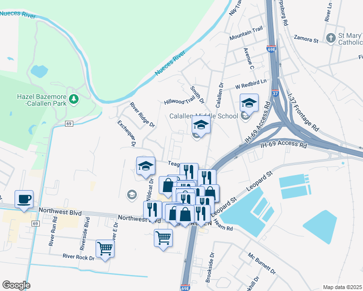 map of restaurants, bars, coffee shops, grocery stores, and more near 13656 Teague Lane in Corpus Christi