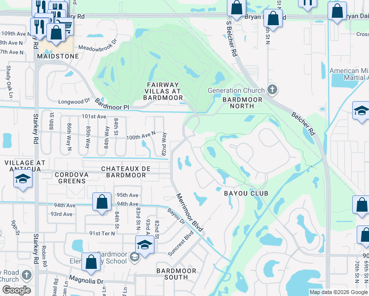 map of restaurants, bars, coffee shops, grocery stores, and more near 8316 Bardmoor Boulevard in Seminole
