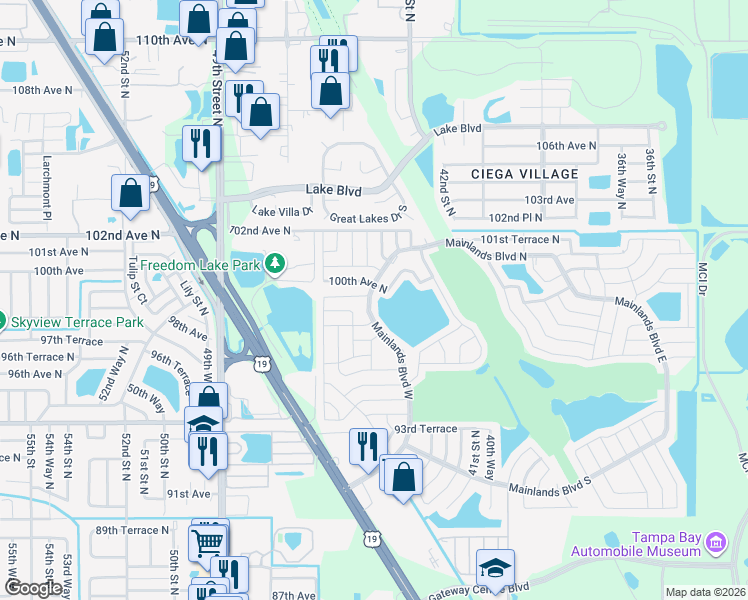map of restaurants, bars, coffee shops, grocery stores, and more near 9905 Mainlands Boulevard North in Pinellas Park