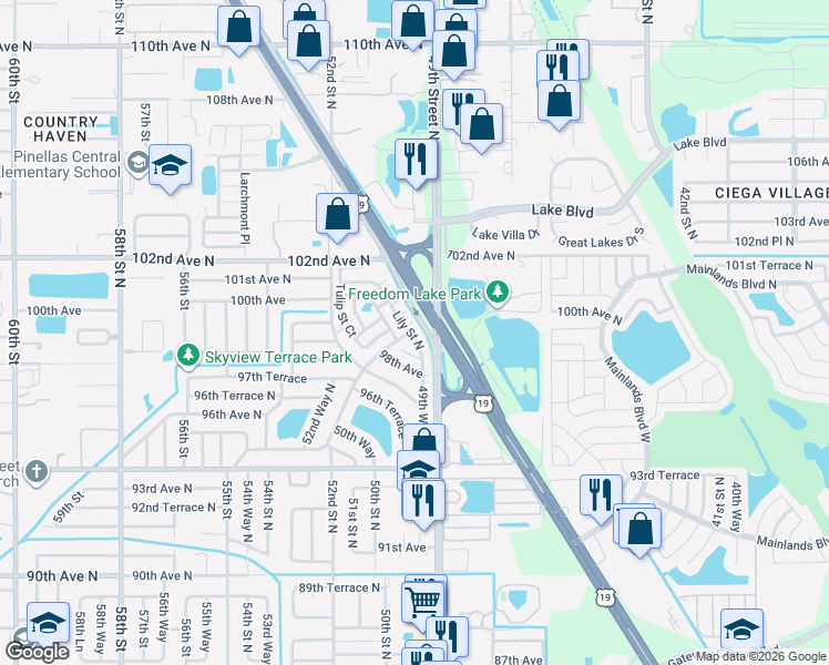 map of restaurants, bars, coffee shops, grocery stores, and more near 4991 Crocus Place in Pinellas Park