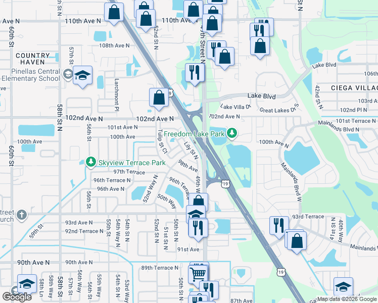 map of restaurants, bars, coffee shops, grocery stores, and more near 4991 Crocus Place in Pinellas Park
