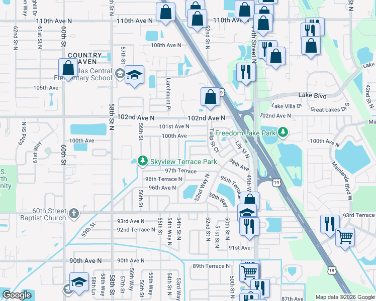 map of restaurants, bars, coffee shops, grocery stores, and more near 5261 99th Terrace in Pinellas Park
