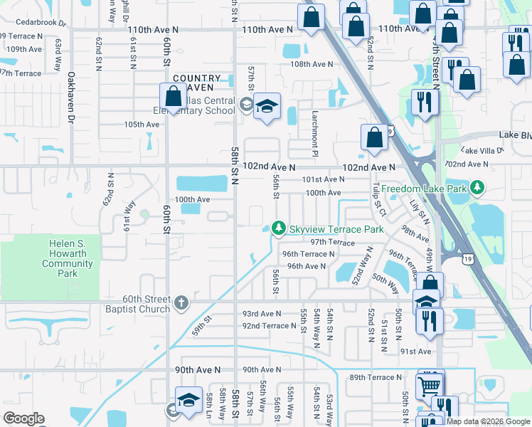 map of restaurants, bars, coffee shops, grocery stores, and more near 9901 56th Street in Pinellas Park