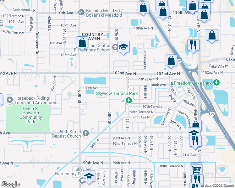 map of restaurants, bars, coffee shops, grocery stores, and more near 9943 57th Way in Pinellas Park