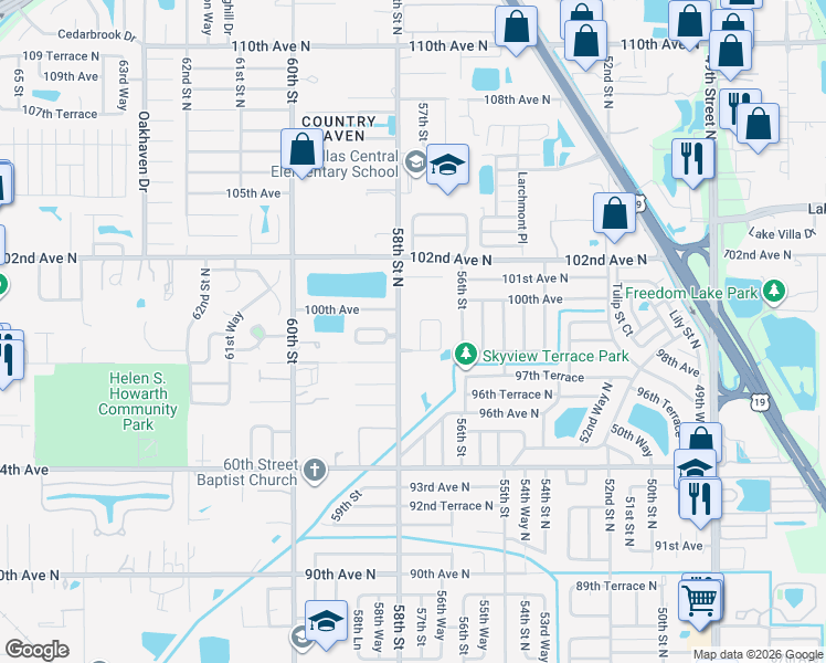 map of restaurants, bars, coffee shops, grocery stores, and more near 9943 57th Way in Pinellas Park