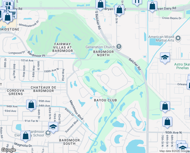 map of restaurants, bars, coffee shops, grocery stores, and more near 7791 Bent Grass Court in Seminole
