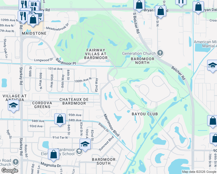 map of restaurants, bars, coffee shops, grocery stores, and more near 8316 Bardmoor Boulevard in Seminole