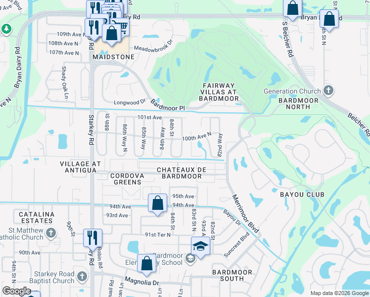 map of restaurants, bars, coffee shops, grocery stores, and more near 9983 84th Street in Seminole