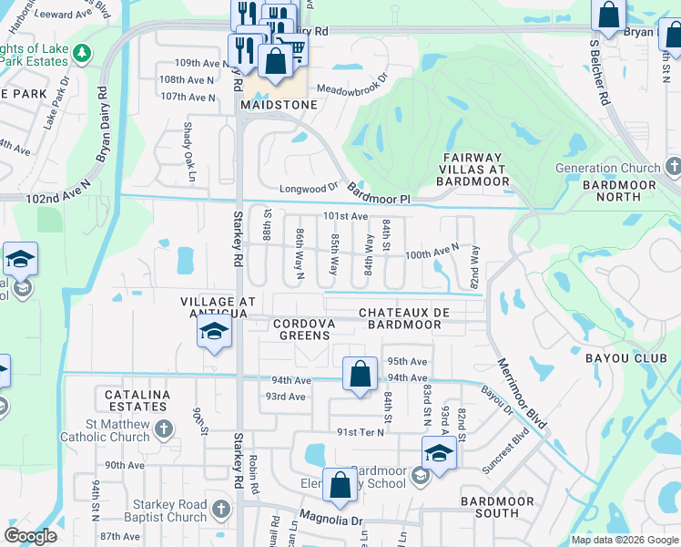 map of restaurants, bars, coffee shops, grocery stores, and more near 9944 85th Way in Largo