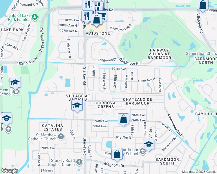 map of restaurants, bars, coffee shops, grocery stores, and more near 9949 86th Way North in Seminole