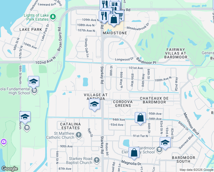 map of restaurants, bars, coffee shops, grocery stores, and more near 9921 88th Street in Seminole