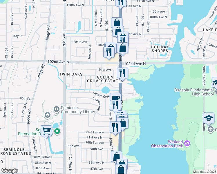 map of restaurants, bars, coffee shops, grocery stores, and more near 10892 99th Place North in Seminole