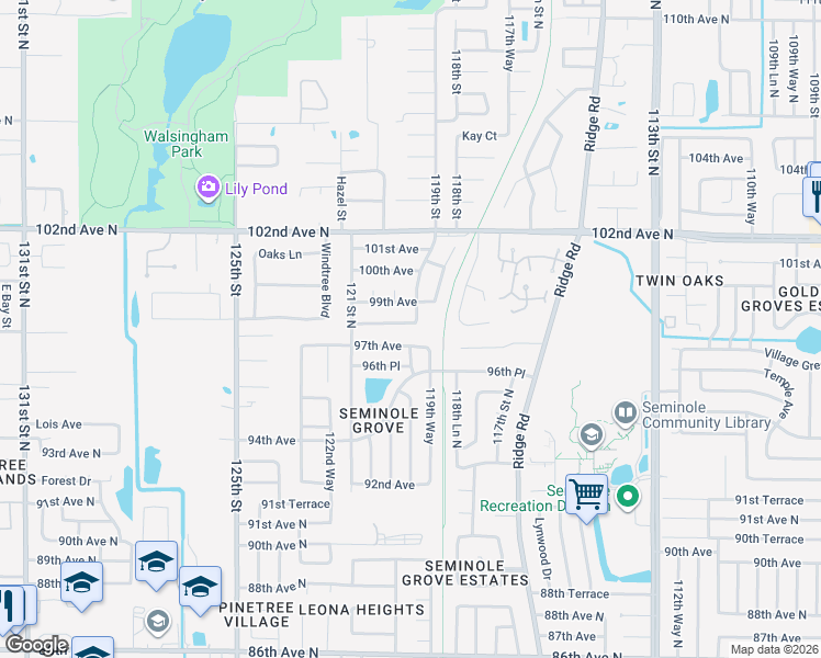 map of restaurants, bars, coffee shops, grocery stores, and more near 9839 119th Way in Seminole