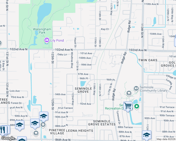 map of restaurants, bars, coffee shops, grocery stores, and more near 12085 98th Avenue North in Seminole