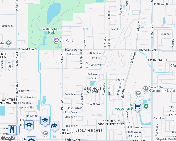 map of restaurants, bars, coffee shops, grocery stores, and more near 9820 121 Street North in Seminole