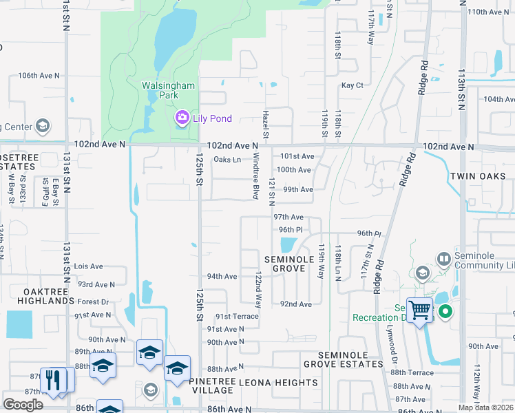 map of restaurants, bars, coffee shops, grocery stores, and more near 9820 121 Street North in Seminole
