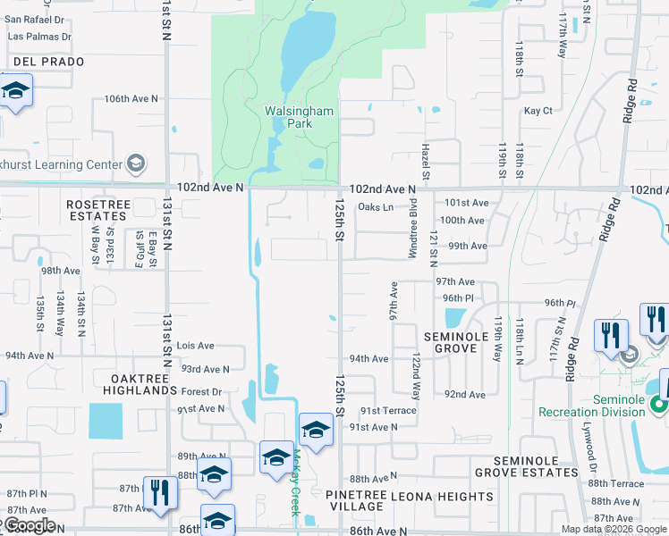 map of restaurants, bars, coffee shops, grocery stores, and more near 9981 Frank Drive South in Seminole