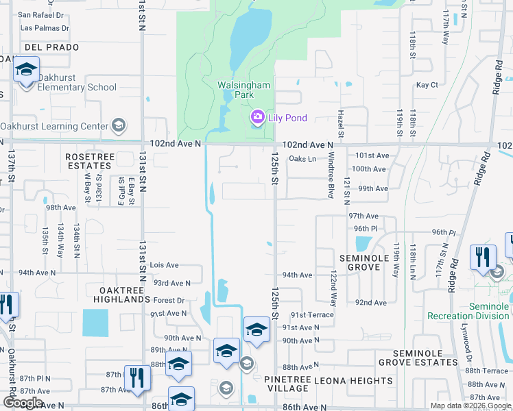 map of restaurants, bars, coffee shops, grocery stores, and more near 12610 Frank Drive South in Seminole