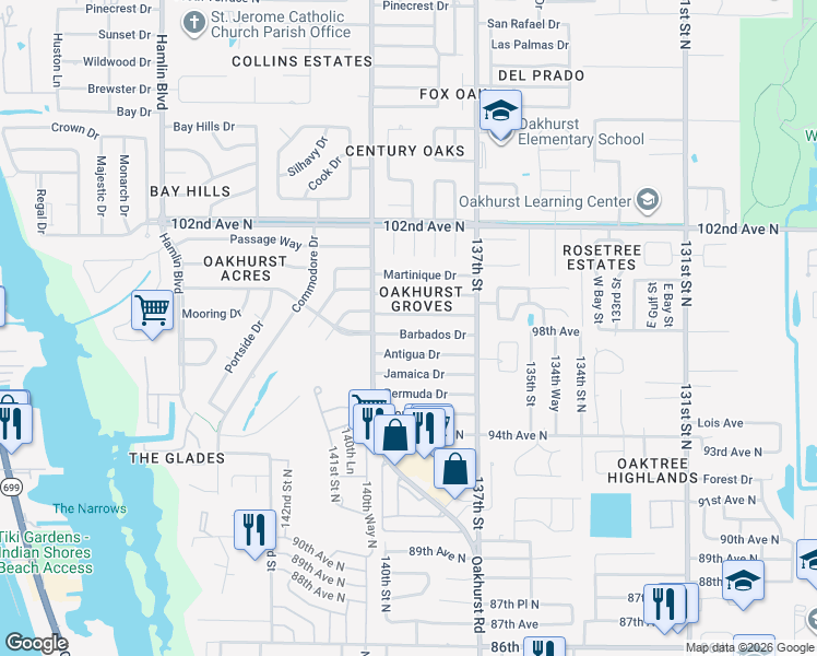 map of restaurants, bars, coffee shops, grocery stores, and more near 13962 Trinidad Drive in Seminole