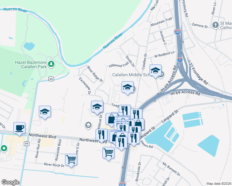 map of restaurants, bars, coffee shops, grocery stores, and more near 13656 Teague Lane in Corpus Christi