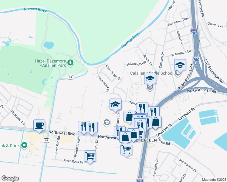 map of restaurants, bars, coffee shops, grocery stores, and more near 4309 Rolling Ridge Drive in Corpus Christi