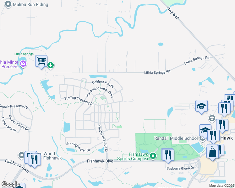 map of restaurants, bars, coffee shops, grocery stores, and more near 16006 Persimmon Grove Drive in Lithia
