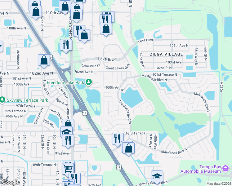 map of restaurants, bars, coffee shops, grocery stores, and more near 9905 Mainlands Boulevard North in Pinellas Park