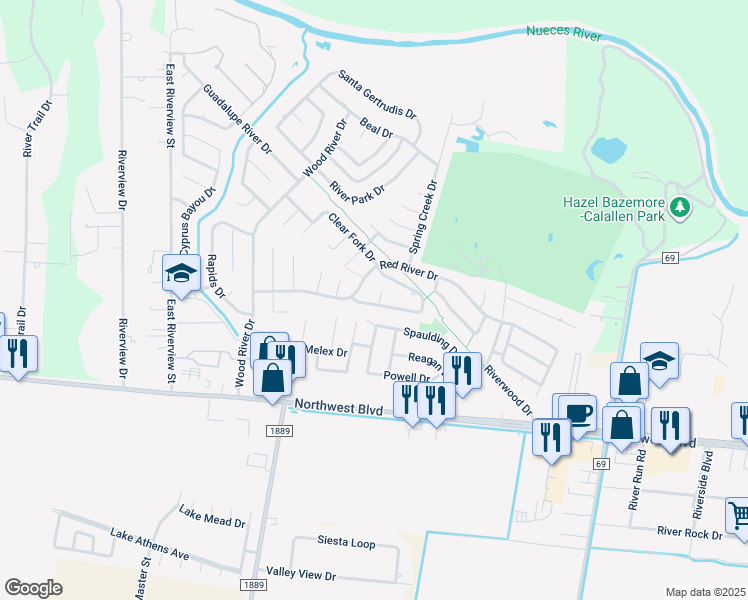 map of restaurants, bars, coffee shops, grocery stores, and more near 4201 Medina Spring in Corpus Christi