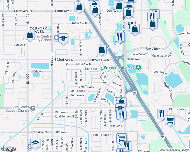 map of restaurants, bars, coffee shops, grocery stores, and more near 5261 99th Terrace in Pinellas Park