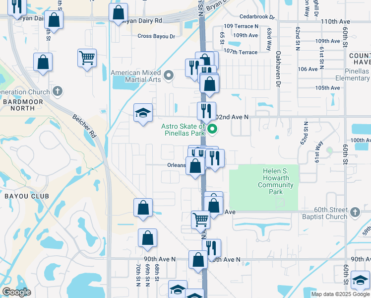 map of restaurants, bars, coffee shops, grocery stores, and more near 6731 100th Avenue in Pinellas Park