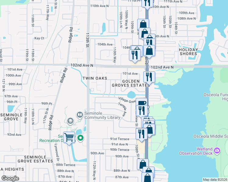 map of restaurants, bars, coffee shops, grocery stores, and more near 9940 110th Street in Seminole