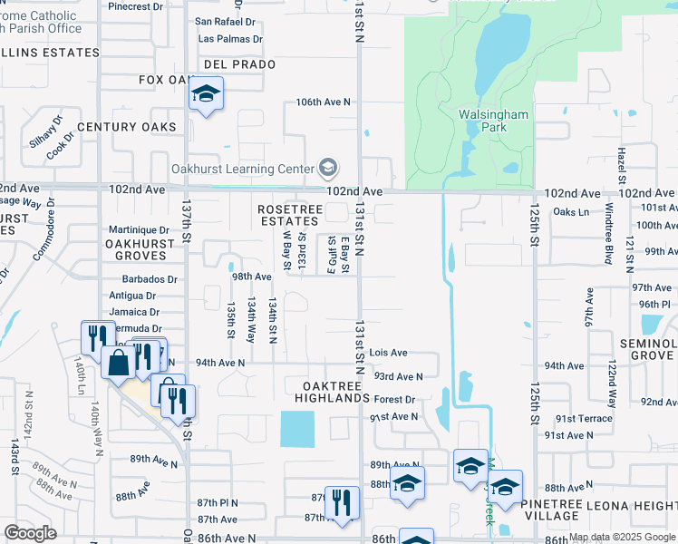 map of restaurants, bars, coffee shops, grocery stores, and more near 9848 East Bay Street in Seminole