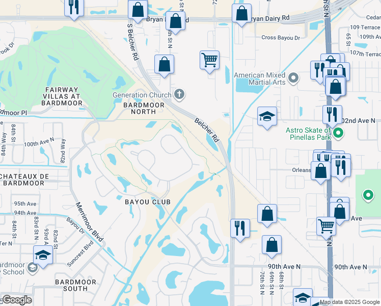 map of restaurants, bars, coffee shops, grocery stores, and more near 9823 Sago Point Drive in Seminole