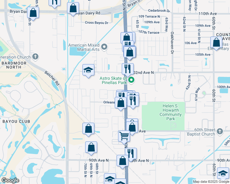 map of restaurants, bars, coffee shops, grocery stores, and more near 6731 100th Avenue in Pinellas Park