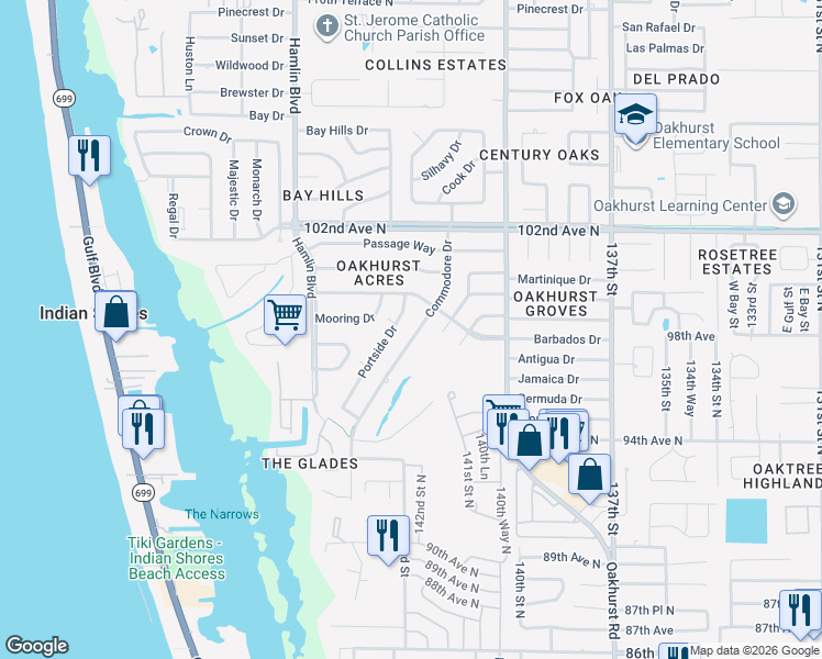 map of restaurants, bars, coffee shops, grocery stores, and more near 9832 Commodore Drive in Seminole